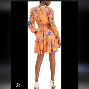 Anne Klein Floral Dress Sz 14 Women Long Sleeve Tiered Smocked Waist Fit Flare